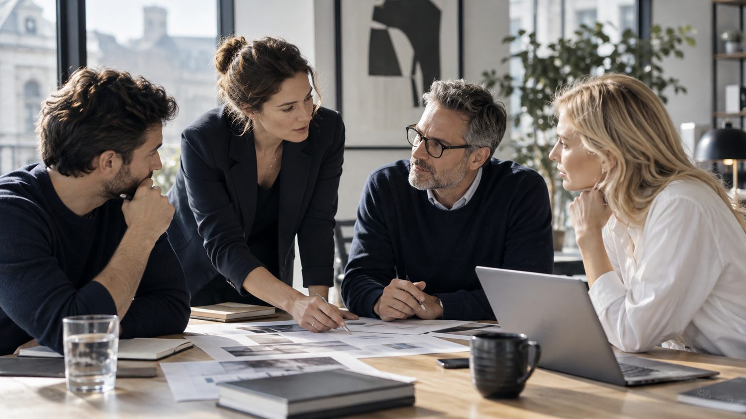 Business professionals discussing work around a table